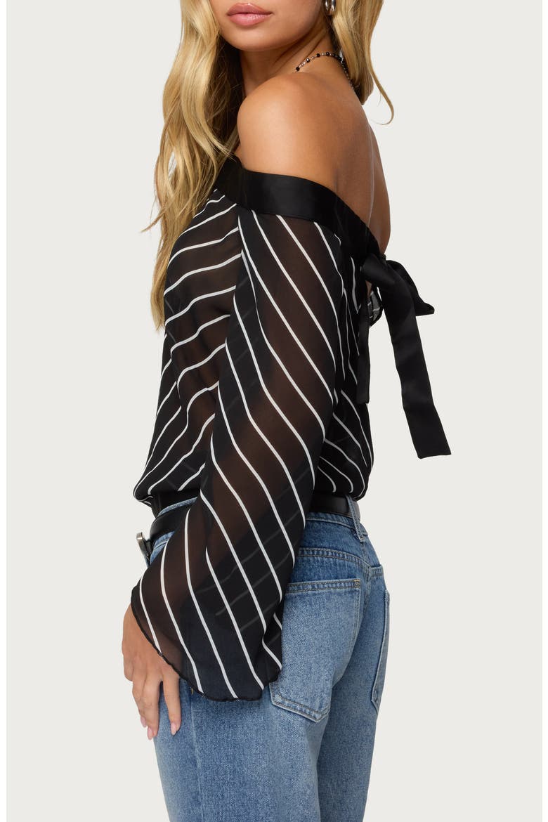 Stripe Off the Shoulder Mesh Top, Alternate, color, BLACK