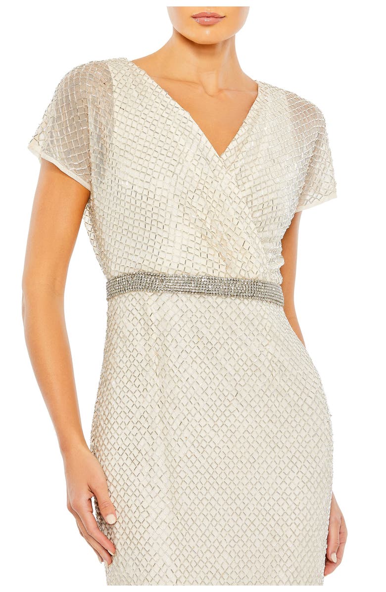 Mac Duggal Beaded Butterfly Sleeve Column Gown, Alternate, color, Nude Silver