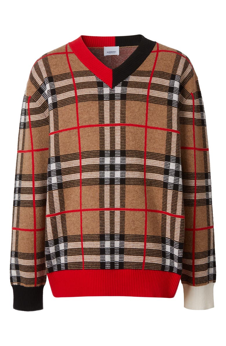 Burberry Duggan Check V-Neck Sweater, Alternate, color, 