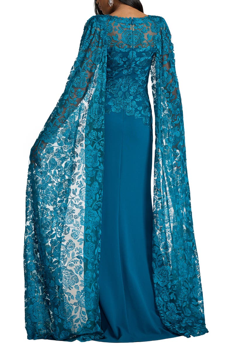 Tadashi Shoji Embroidered Cape Detail Gown, Alternate, color, Venom Blue