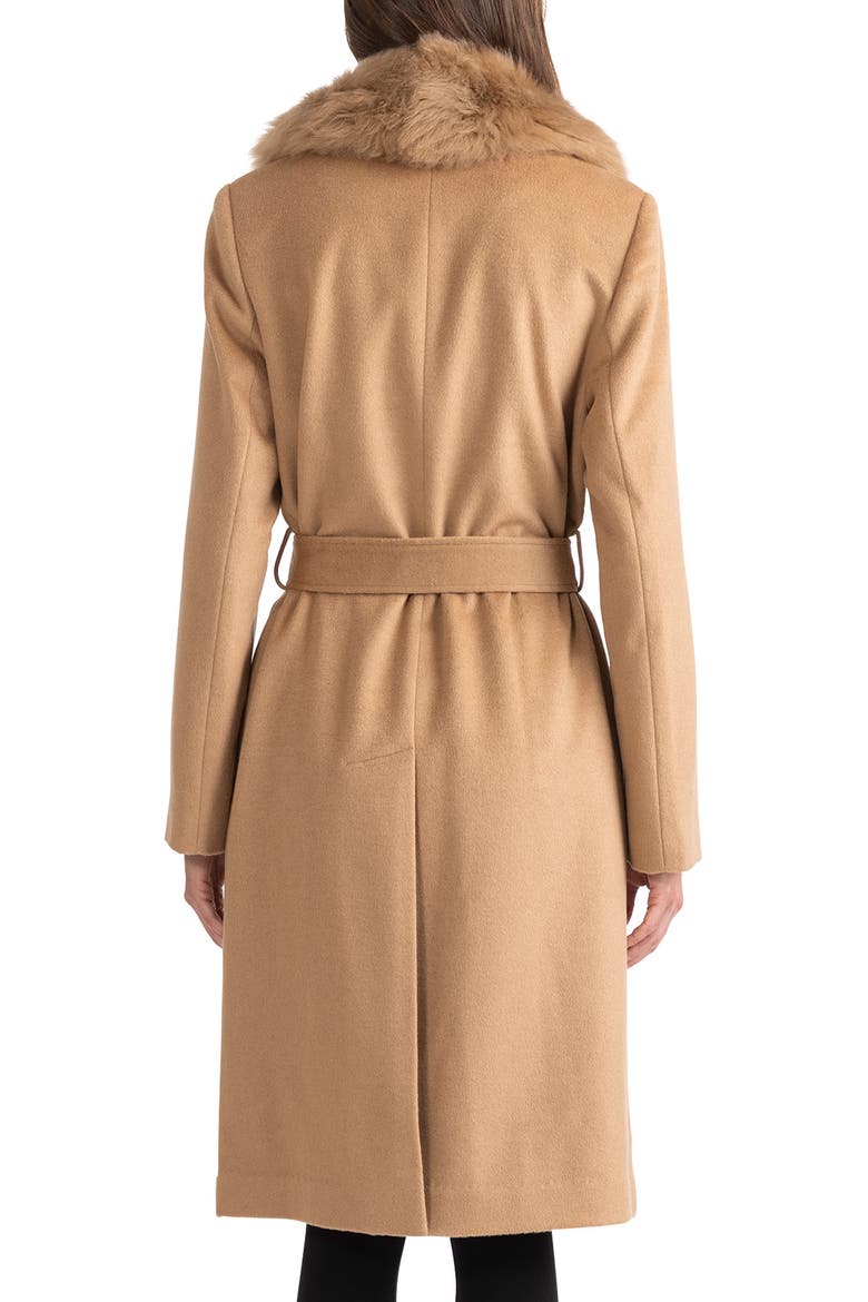 Belted Genuine Shearling Trim Coat, Alternate, color, CAMEL