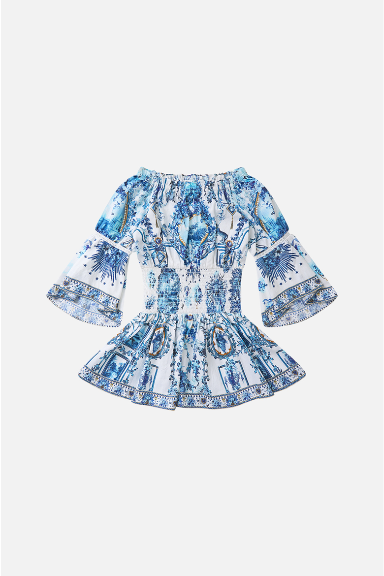 Kids Off Shoulder Shirred Waist Mini Dress, Alternate, color, The Porcelain Parlour