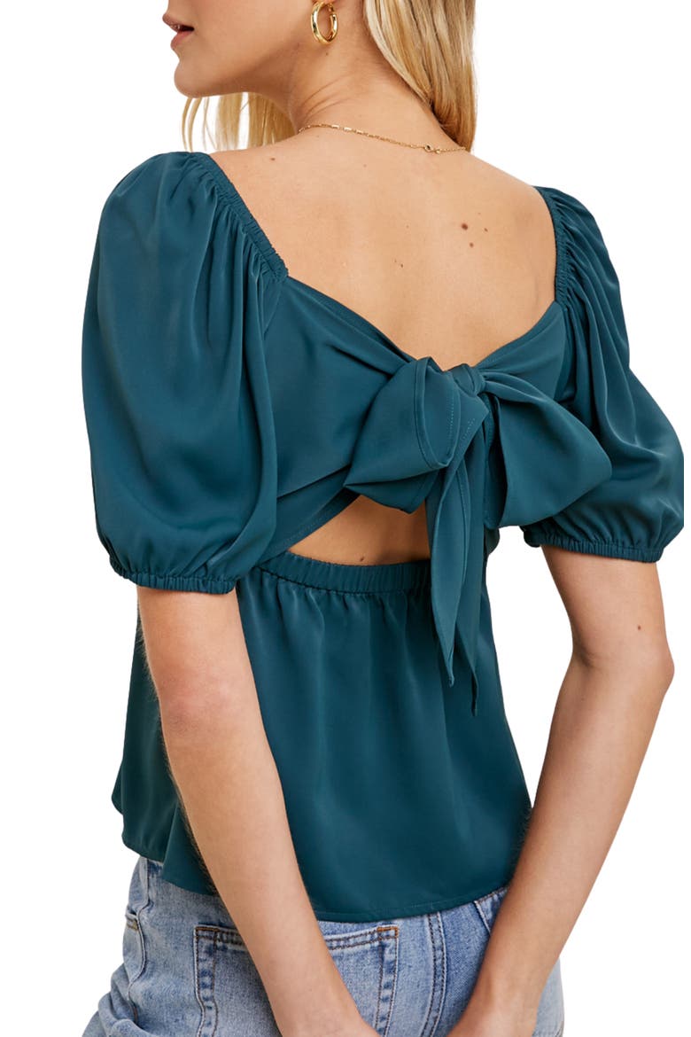 Puff Sleeve Tie Back Babydoll Top, Alternate, color, FOREST