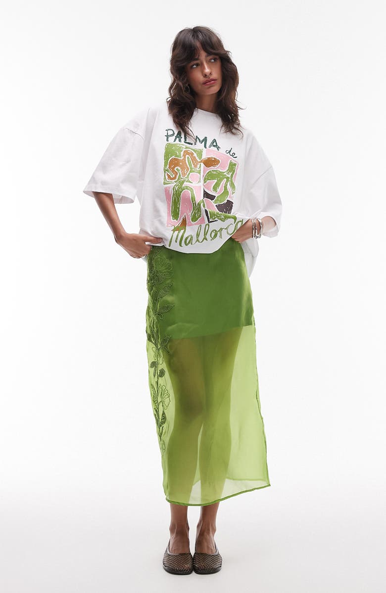 Topshop Embroidered Cotton Organza Midi Skirt, Alternate, color,