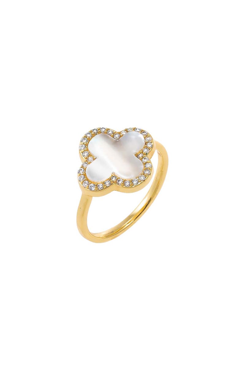 BY ADINA EDEN CZ Pave Outlined Four Leaf Clover Stone Ring, Main, color, Mother Of Pearl