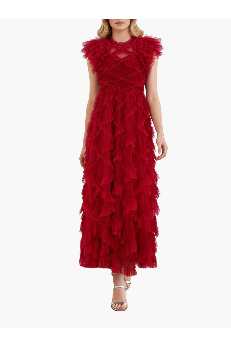 Genevieve Ruffle Short Sleeve Maxi Gown, Main, color, Deep Red/Fuchsia