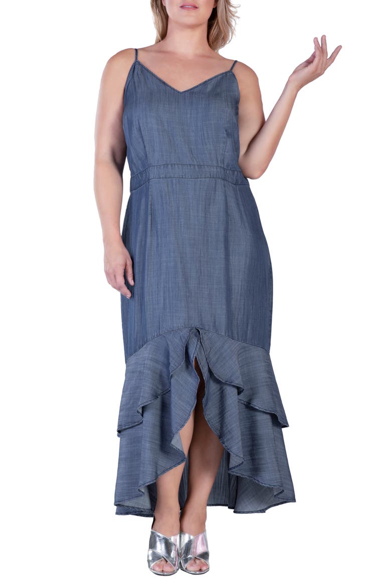 Tiered Ruffle Chambray Maxi Dress, Alternate, color, INDIGO RINSE