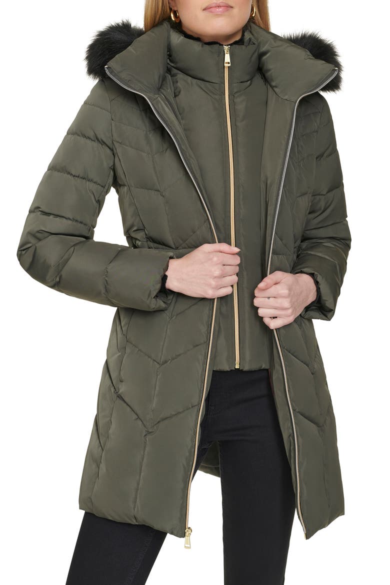 Faux Fur Trim Down & Feather Fill Hooded Jacket, Alternate, color, FOREST