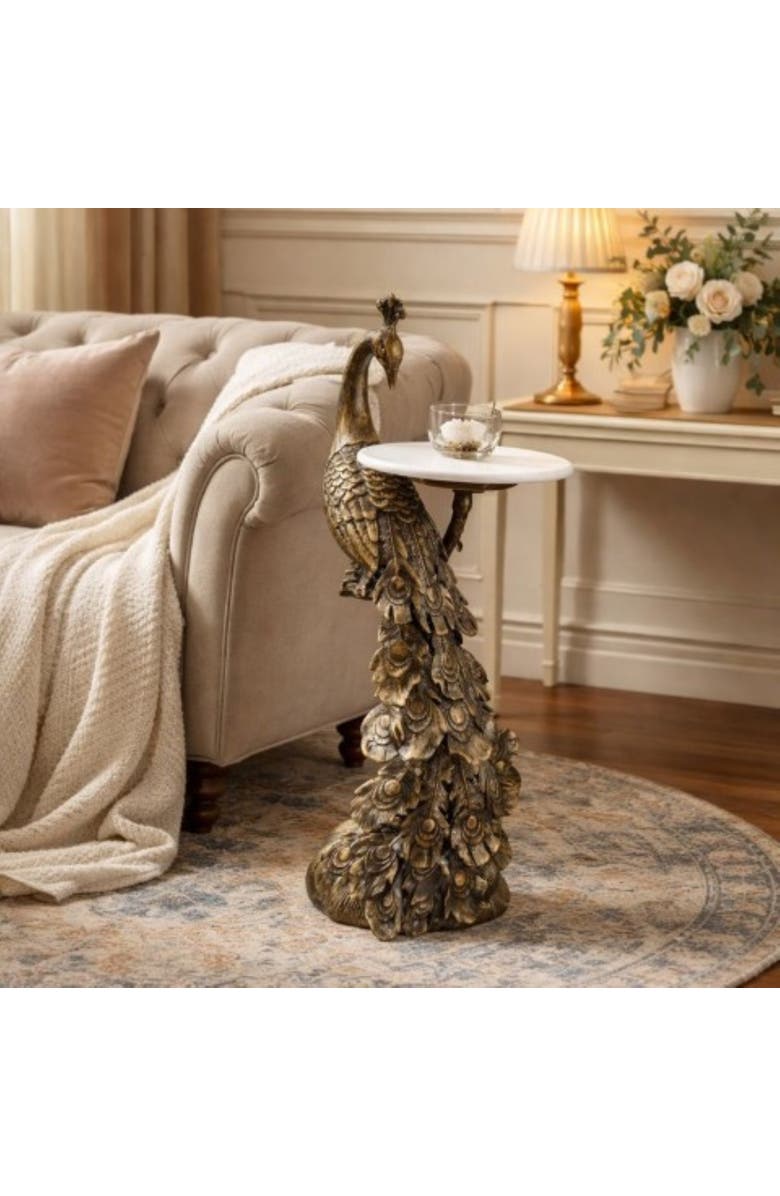 Expo Bazaar Brass Antique Side Table with Marble Top Peacock Sculpture Table, Alternate, color, Brass - 13X13.5x29.5"