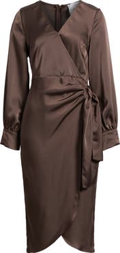 Sam Edelman Long Sleeve Faux Wrap Satin Dress