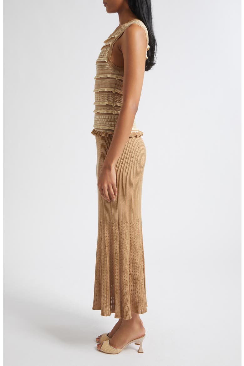 Annie Ruffle Sleeveless Midi Dress, Alternate, color, CAMEL/ IVORY COMBO