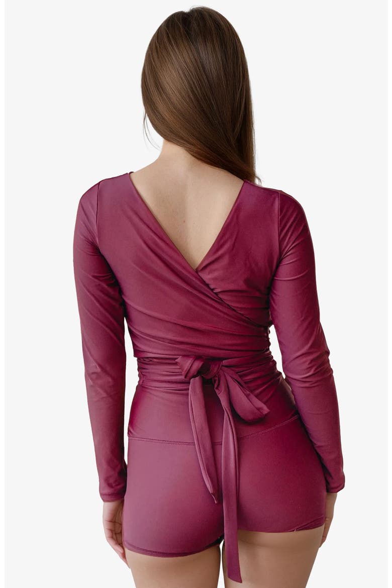 Avery 2-Piece Long Sleeve Wrap Swim Set With Reversible Top and Tummy Control Shorts, Alternate, color, Wine