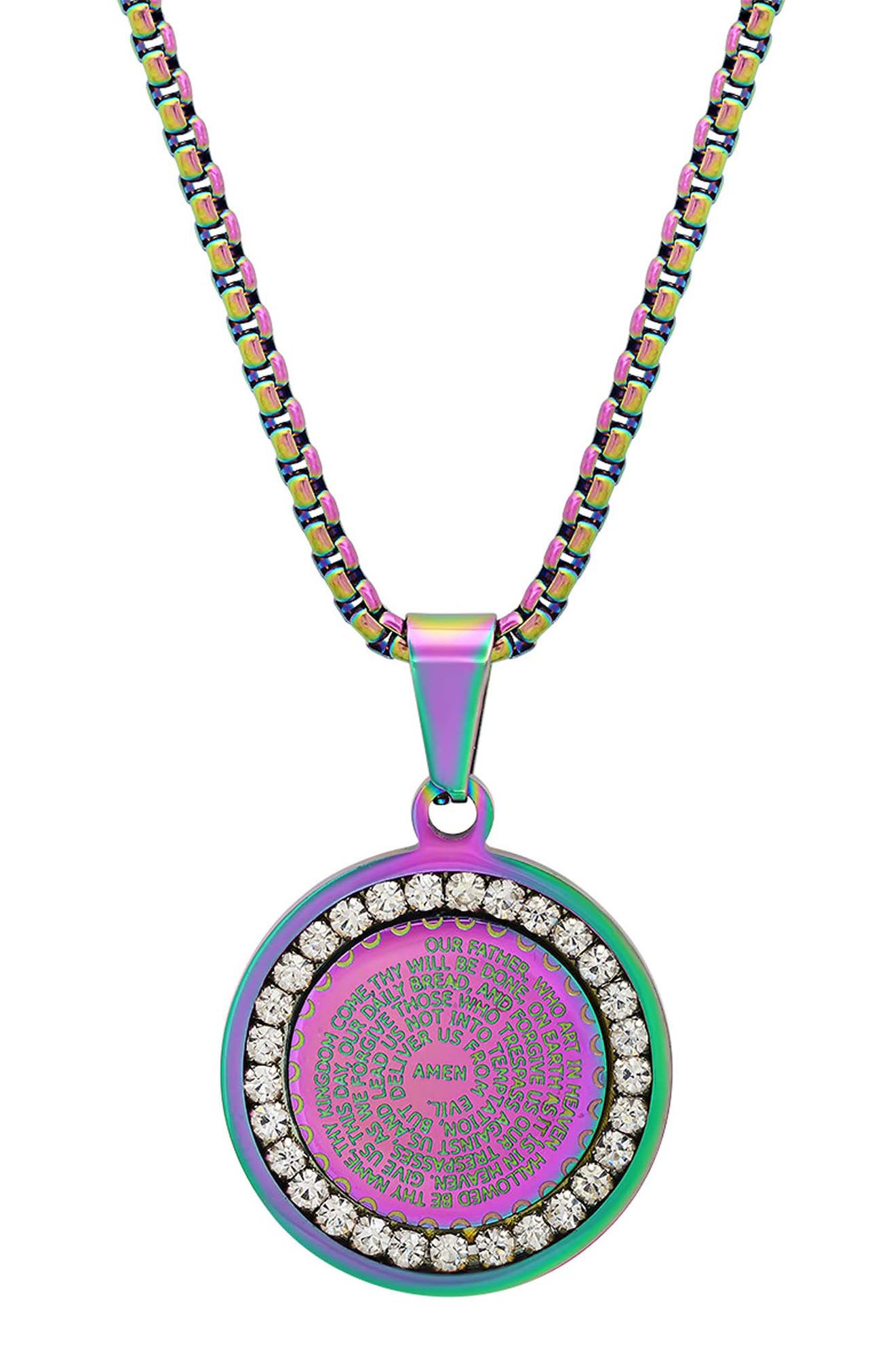 Iridescent Lord's Prayer Medallion Pendant Necklace
