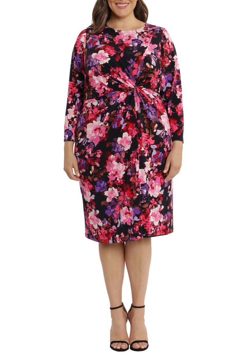 Floral Side Twist Long Sleeve Midi Dress, Main, color, NAVY/ ROSE