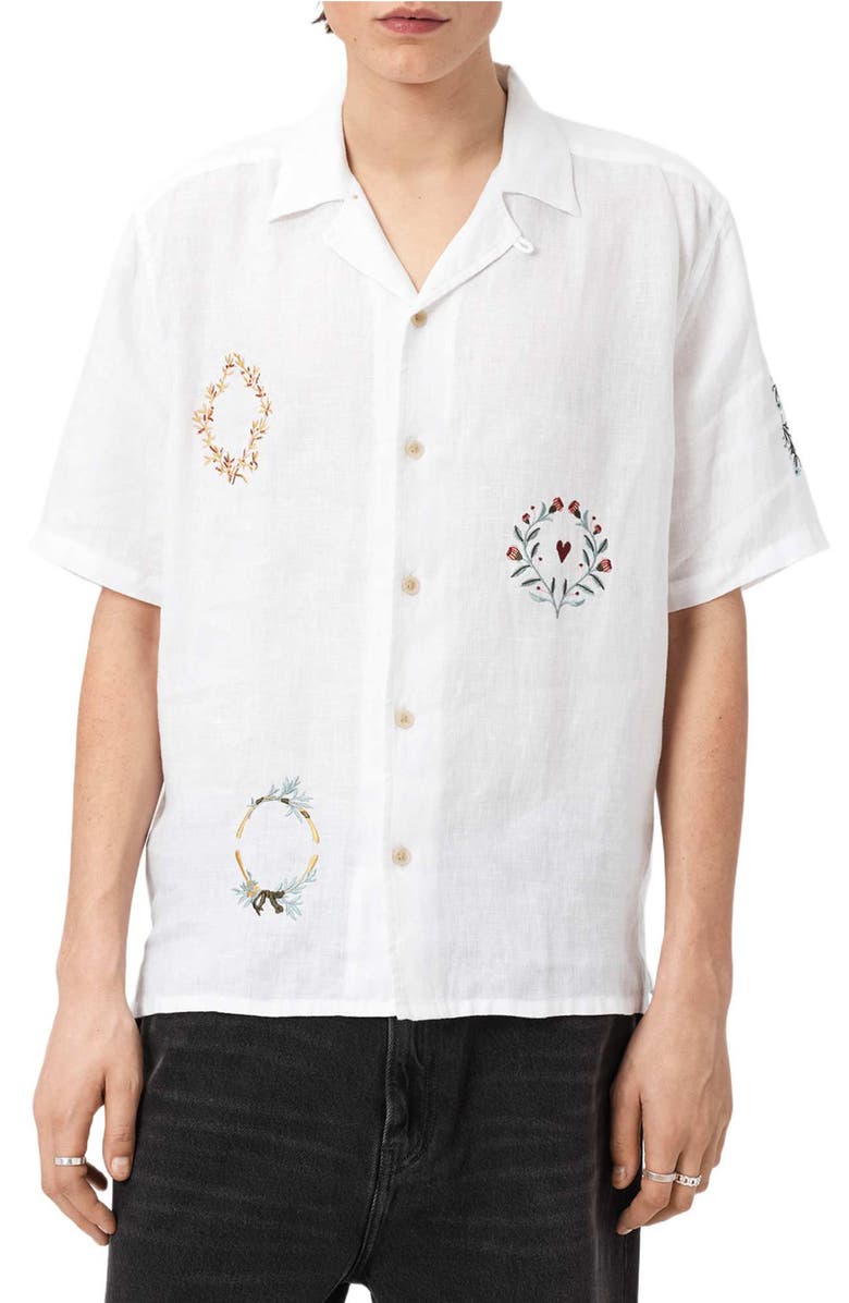 AllSaints Deck Embroidered Camp Shirt, Main, color, Ecru