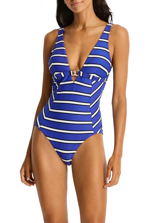 Sea Level Voyage Chain Link Longline One-piece Swimsuit In Blue