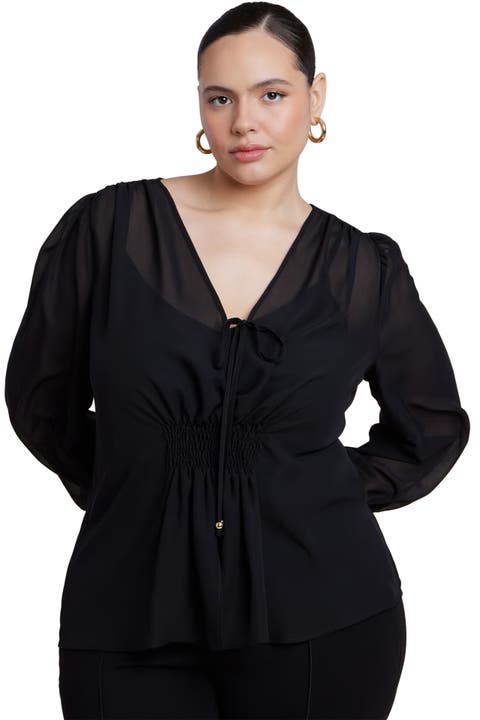 Smocked Sheer Blouse (Plus)