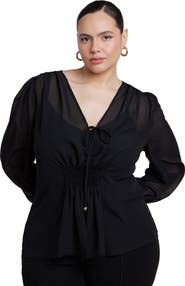 ELOQUII Smocked Sheer Blouse