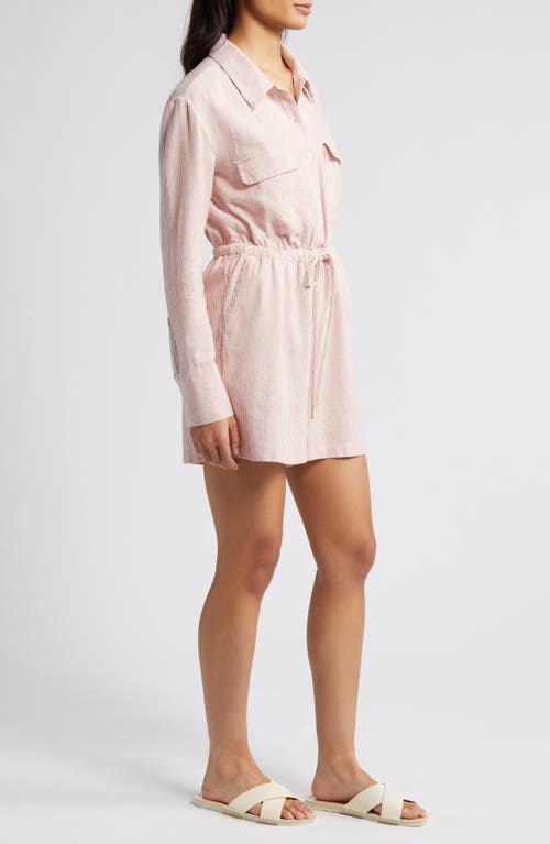 Caslon Stripe Long Sleeve Linen Blend Romper In Pink- Ivory Leah Stripe