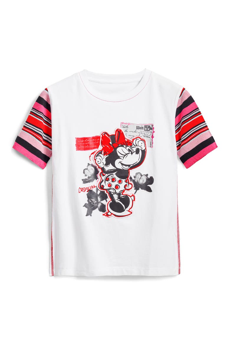 Minnie Mouse Stripe Sleeve Graphic T-Shirt, Alternate, color, WHITE