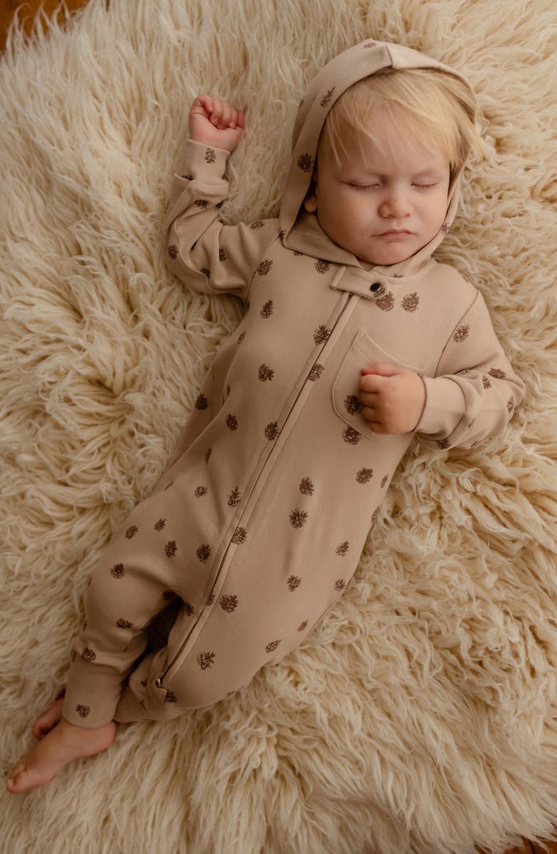 L'ovedbaby Print Organic Cotton Hooded Romper, Alternate, color, Oatmeal Pinecone