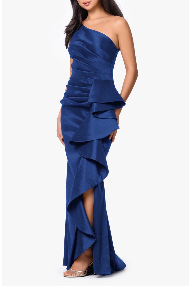 One-Shoulder Cascade Ruffle Gown, Alternate, color, ROYAL/ ROYAL