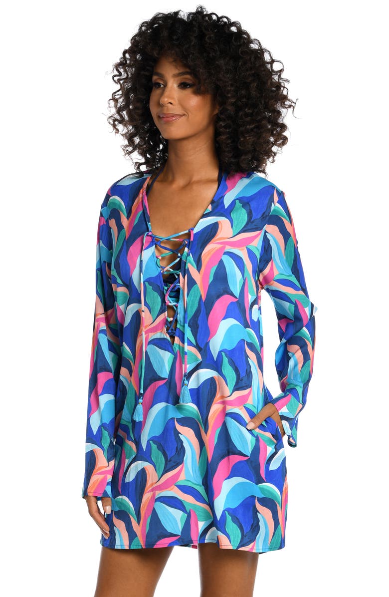 La Blanca Painted Lace-Up Cover-Up Tunic, Alternate, color,