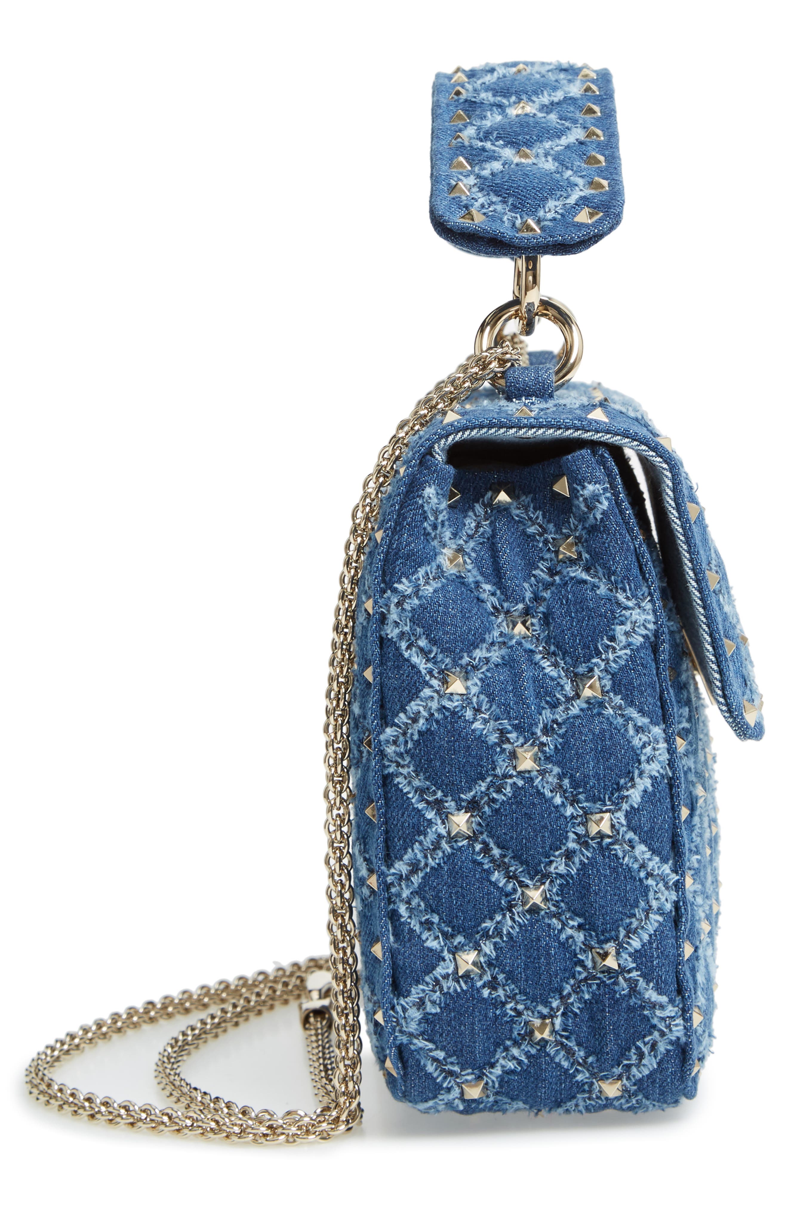 Valentino Garavani Rockstud Matelassé Denim Shoulder Bag, Alternate, color, 