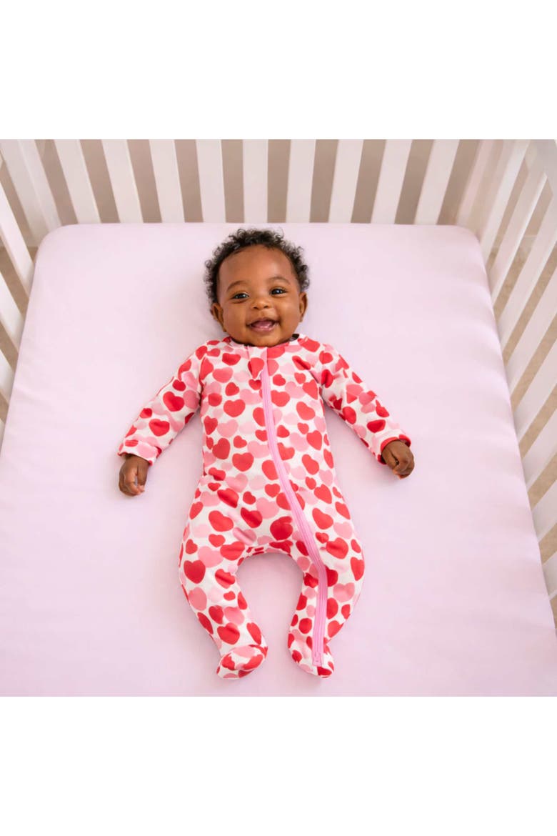 Organic Cotton Zip Footie in Space Bears, Alternate, color, Red & Pink Hearts