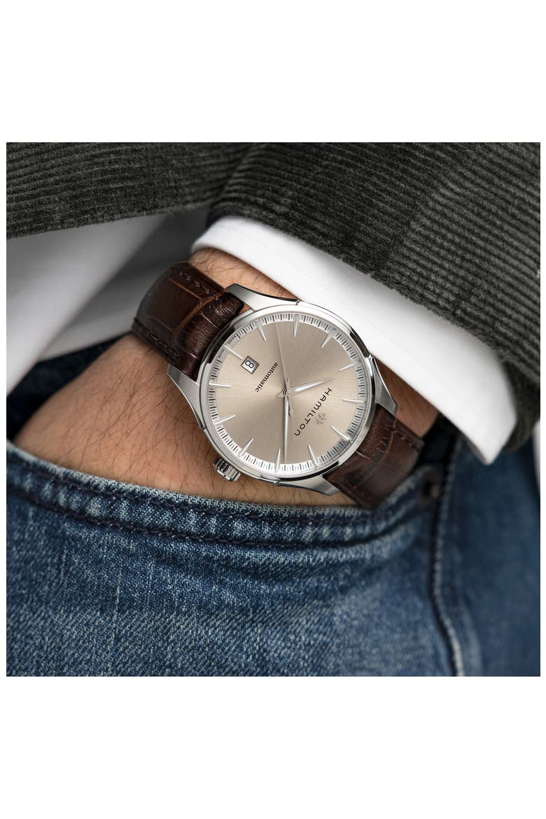 Jazzmaster Automatic Leather Strap Watch, 40mm, Alternate, color, BROWN