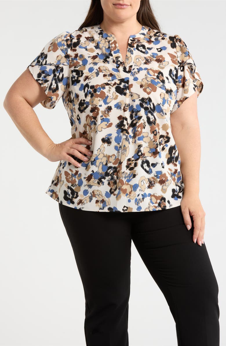 AK ANNE KLEIN Print Tulip Sleeve Top, Main, color, White Dove Multi