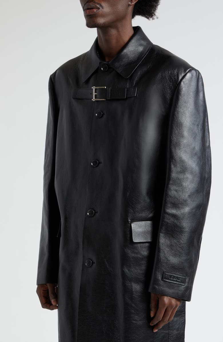 Versace Strap Detail Calfskin Leather Coat, Alternate, color,