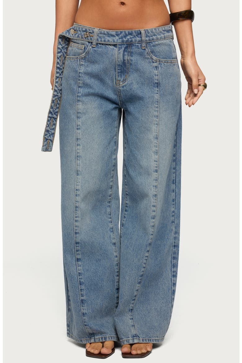 Button Tab Waist Low Rise Wide Leg Jeans, Main, color, LIGHT-BLUE