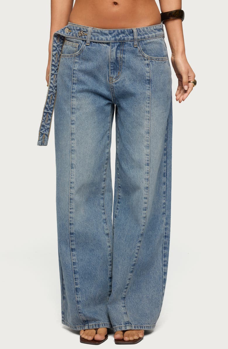 EDIKTED Button Tab Waist Low Rise Wide Leg Jeans, Main, color, Light-Blue