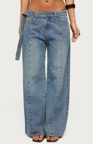 EDIKTED Button Tab Waist Low Rise Wide Leg Jeans