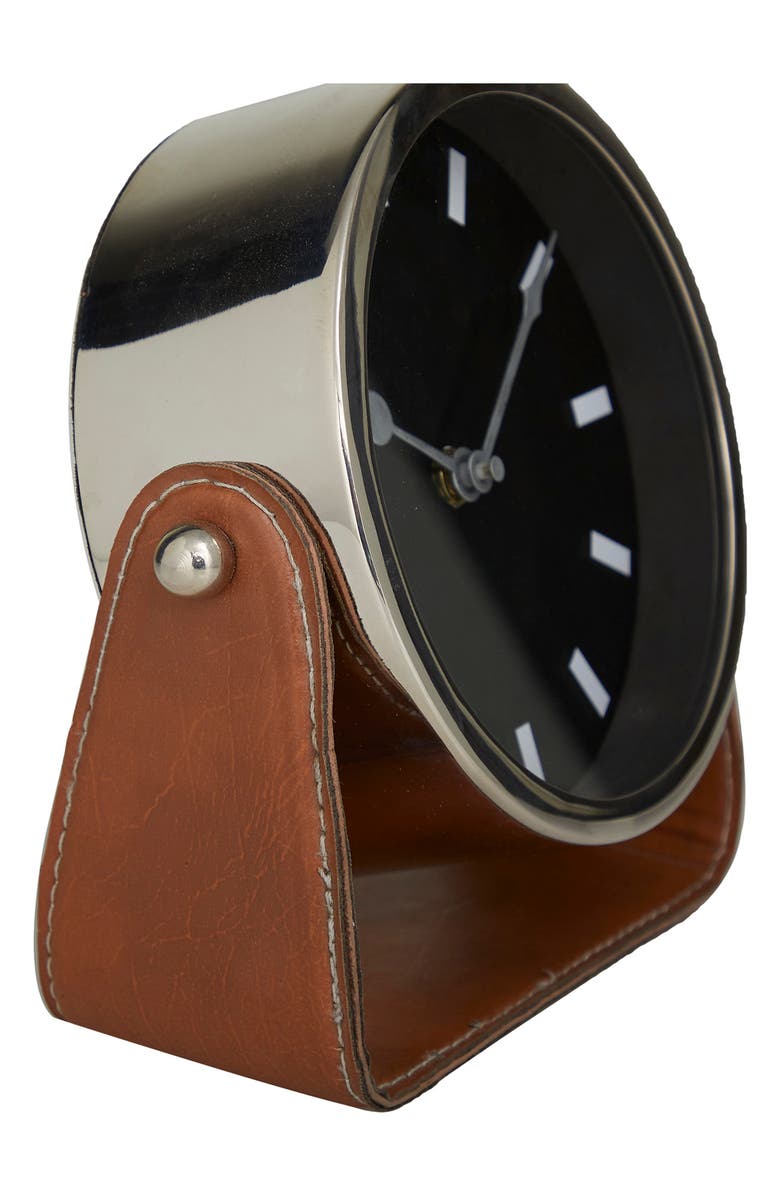 VIVIAN LUNE HOME Silver Stainless Steel Clock with Faux Leather Stand, Alternate, color, 