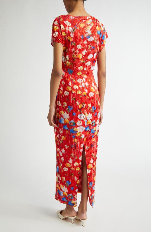 Lela Rose Floral Jacquard Draped-shoulder Ankle Sheath Dress In Poppy
