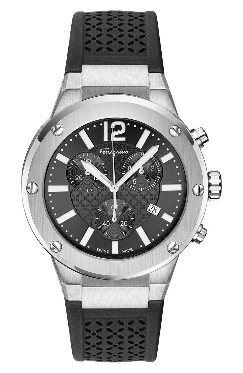 FERRAGAMO F-80 Silicone Strap Chronograph Watch, 42mm, Main, color, Stainless Steel/Black