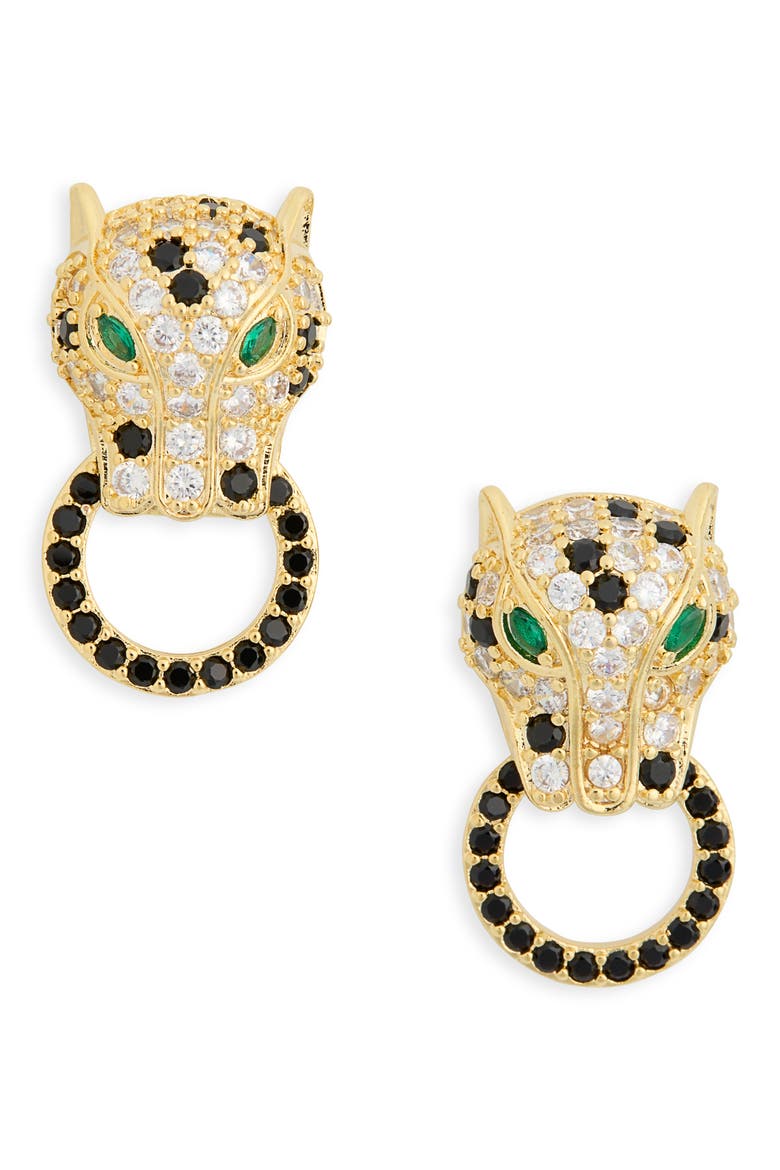 Mindy Cubic Zirconia Leopard Doorknocker Drop Earrings, Main, color, GOLD