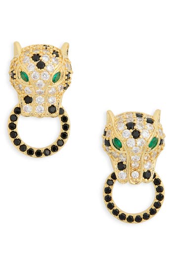 Eye Candy Los Angeles Mindy Cubic Zirconia Leopard Doorknocker Drop Earrings In Gold