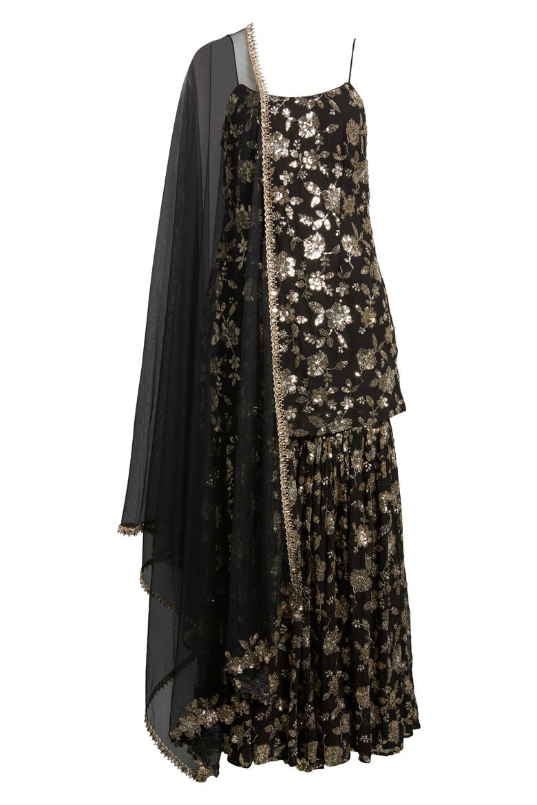 Naya Floral Sequin Long Sleeve Gharara with Dupatta, Alternate, color, BLACK