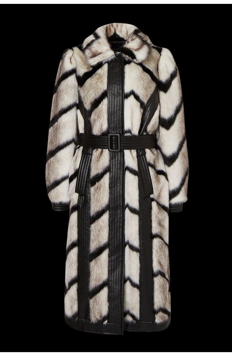 Karen Millen Stripe Faux Fur Belted Long Coat, Alternate, color, Mono