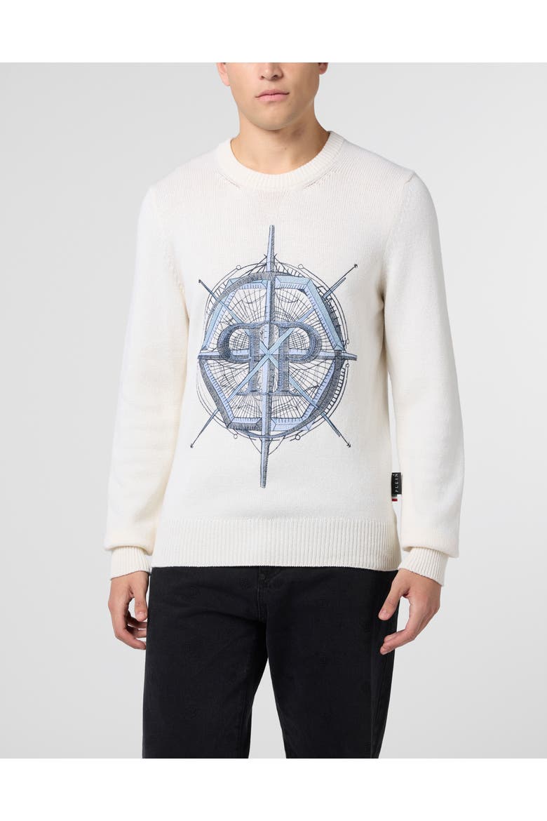 Round Neck Pullover Wind Rose Men, Main, color, OffWhite
