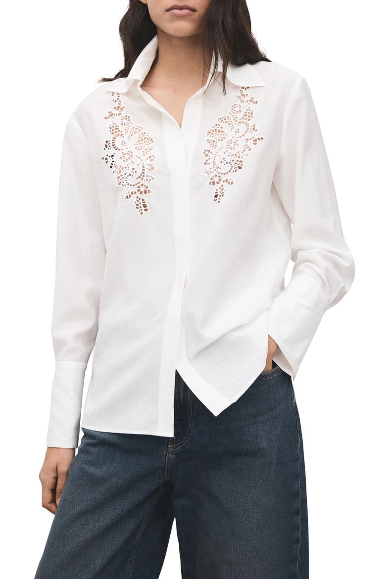 Embroidered Lace Inset Button-Up Shirt, Main, color, OFF WHITE