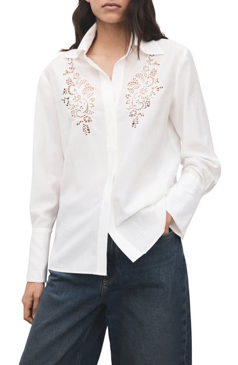 Embroidered Lace Inset Button-Up Shirt