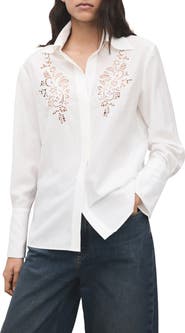 MANGO Embroidered Lace Inset Button-Up Shirt