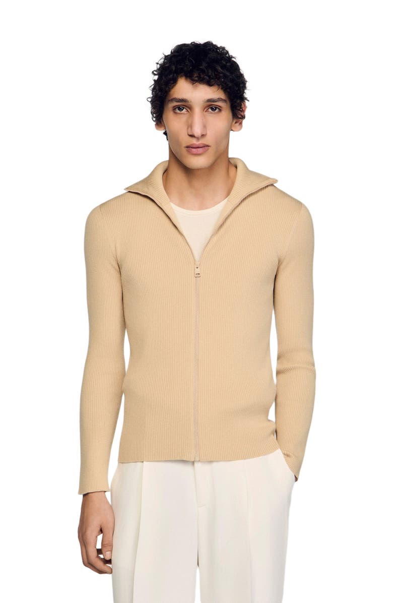 SANDRO Zip cardigan with standing collar, Main, color, Beige