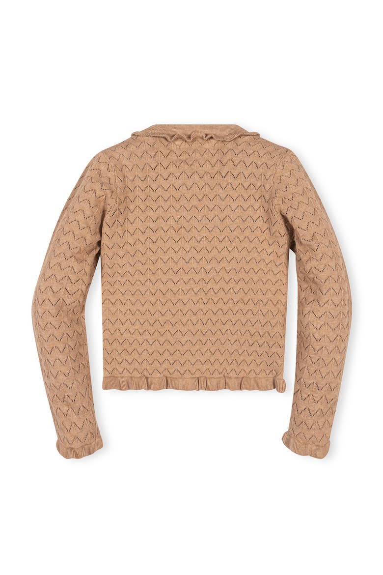 Kids' Organic Ruffle Trim Pointelle Cardigan, Alternate, color, Camel Heather