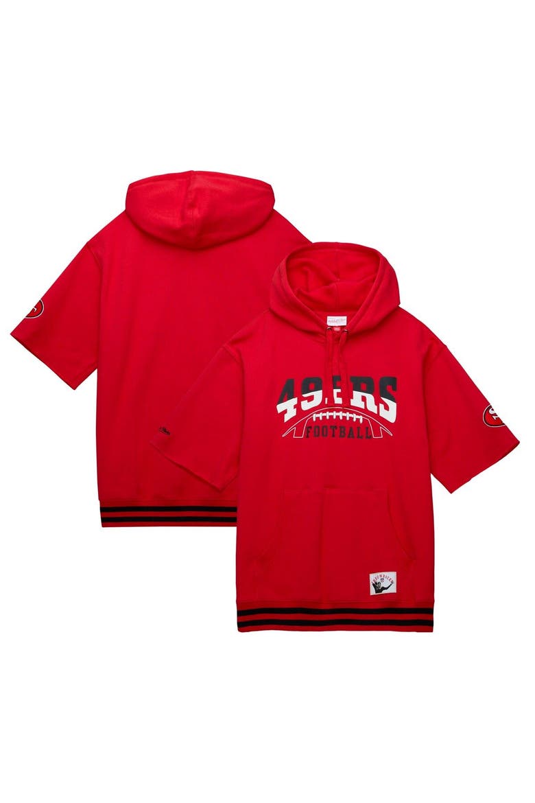 Men's Mitchell & Ness Scarlet San Francisco 49ers Pre-Game Short Sleeve Pullover Hoodie, Main, color, Scarlet