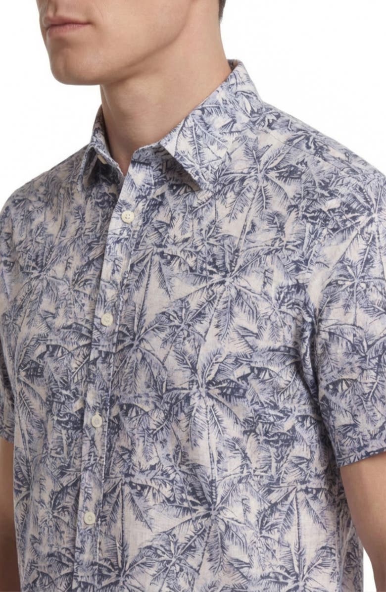 Report Collection Tropical Print Short Sleeve Linen & Cotton Button-Up Shirt, Alternate, color, White